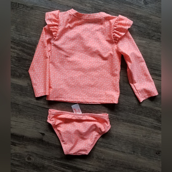 Cat & Jack Rash Guard Neon Orange Polka Dot Two Piece Swim Suit - Picture 3 of 5